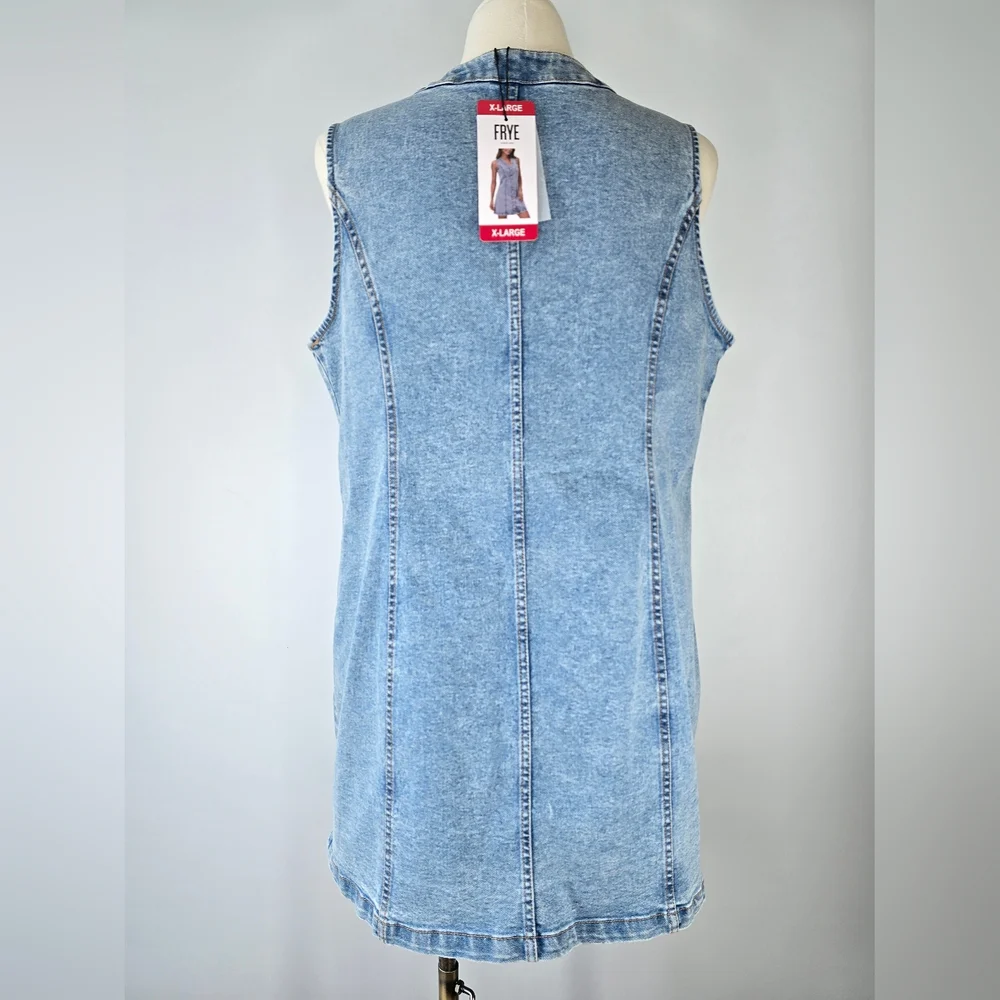 NWT Frye Light Wash Denim Mini Dress Sleeveless V-Neck Button Front Size XL - Picture 3 of 10